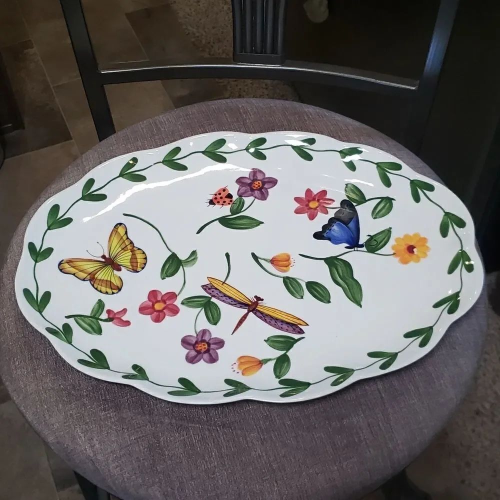 Vintage Handpainted Glazed Ceramic Serving Platter Butterfly Dragonfly Ladybug